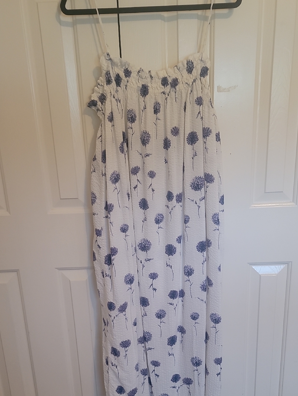 H&M White Maxi Dress with Blue Floral Pattern and Spaghetti Straps